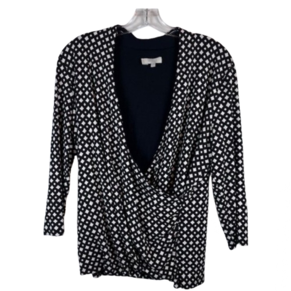 Hobbs London Black White Geometric Print V-Neck Wrap Front Blouse Size Large